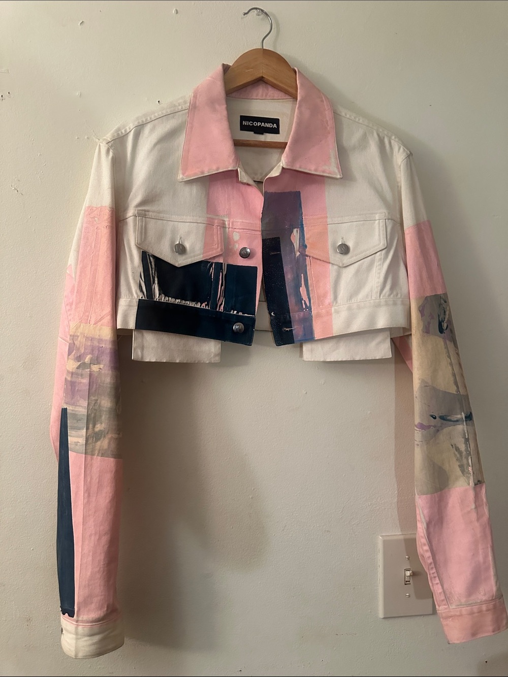 Nicopanda Pink, Blue & White Cropped Denim Jacket